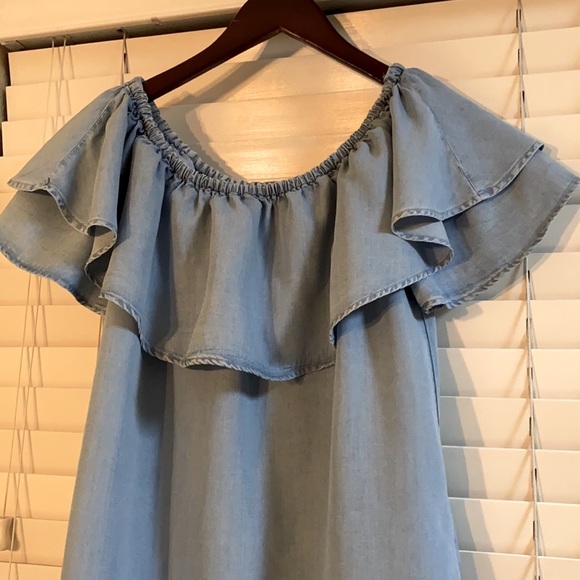 Zara Woman Chambray Ruffle Off Shoulder Mini Dress - Picture 3 of 12